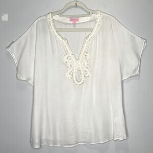 Lilly Pulitzer Boxy Relaxed Fit Top Beaded Neckline Soft White Medium
